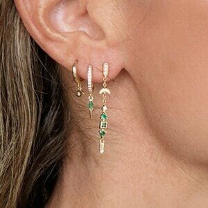 Gorgeous Dangle Earrings Gold w/Green Zircon Moon Celestial Jewelry BEAUTIFUL